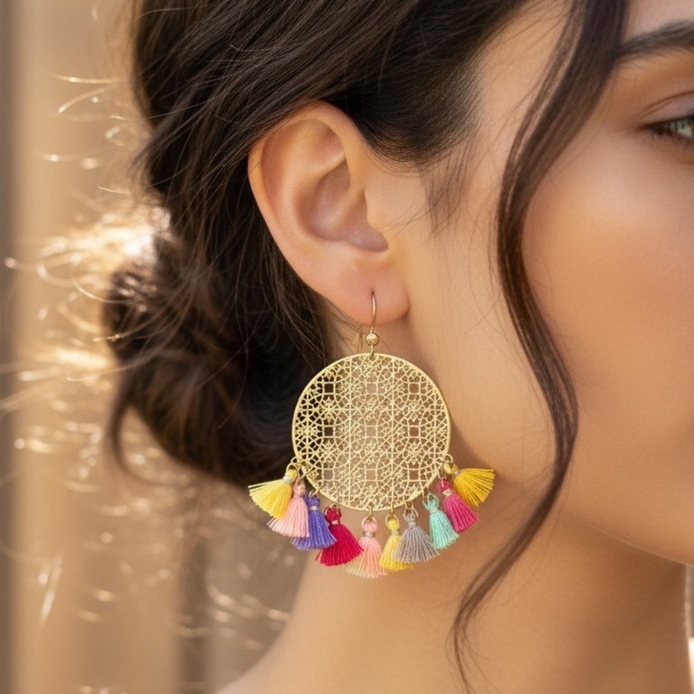 Boho‎ Gold Tone Round Filigree Dangle Earrings Colorful Tassel Drop